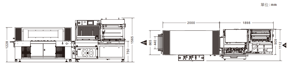 F-510-VS 系列 / L型全自動包裝機機械外觀尺寸圖 / 單位 mm